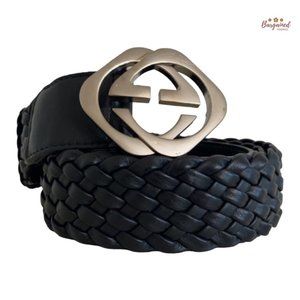 Authentic Gucci Black Intrecciato Woven Leather Interlocking Square G Belt 95/38
